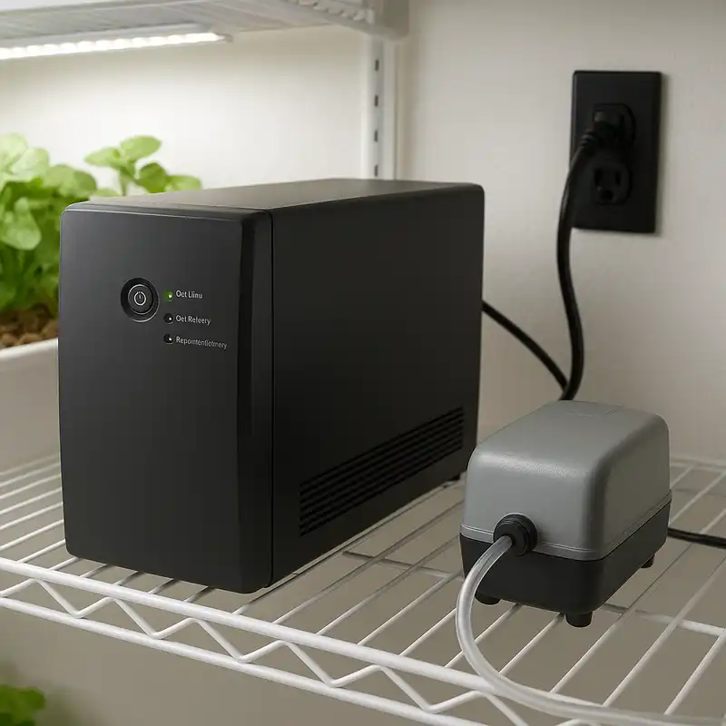 A reliable battery backup unit (UPS) on a shelf in a hydroponics grow room, with an air pump plugged into it, clean setup, realistic photo, professional lighting