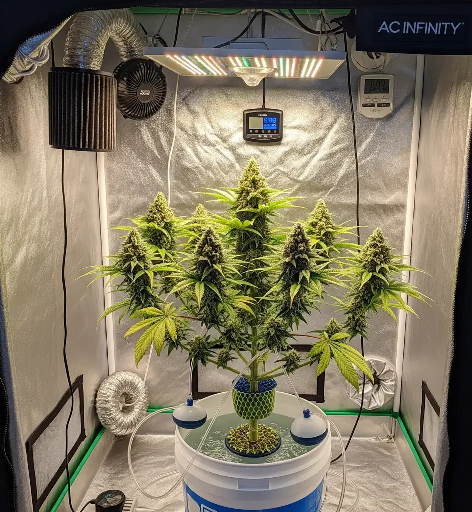 Best Beginner Hydro Kits for Cannabis: 2x2 & 2x4 Tent Blueprints (2025 Guide) 3 A photo of a single, full-size cannabis plant inside a 2x2 hydroponic grow tent, illustrating a successful harvest with a tested AC Infinity kit.