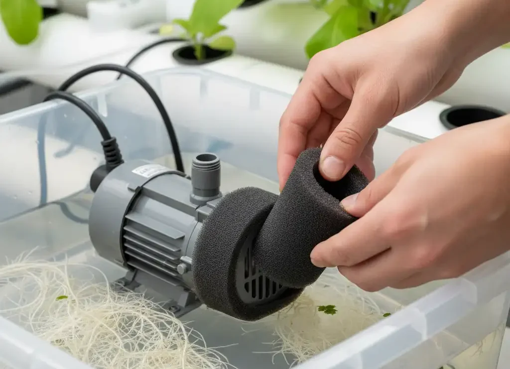 Installing a foam pre-filter on a hydroponic submersible pump 