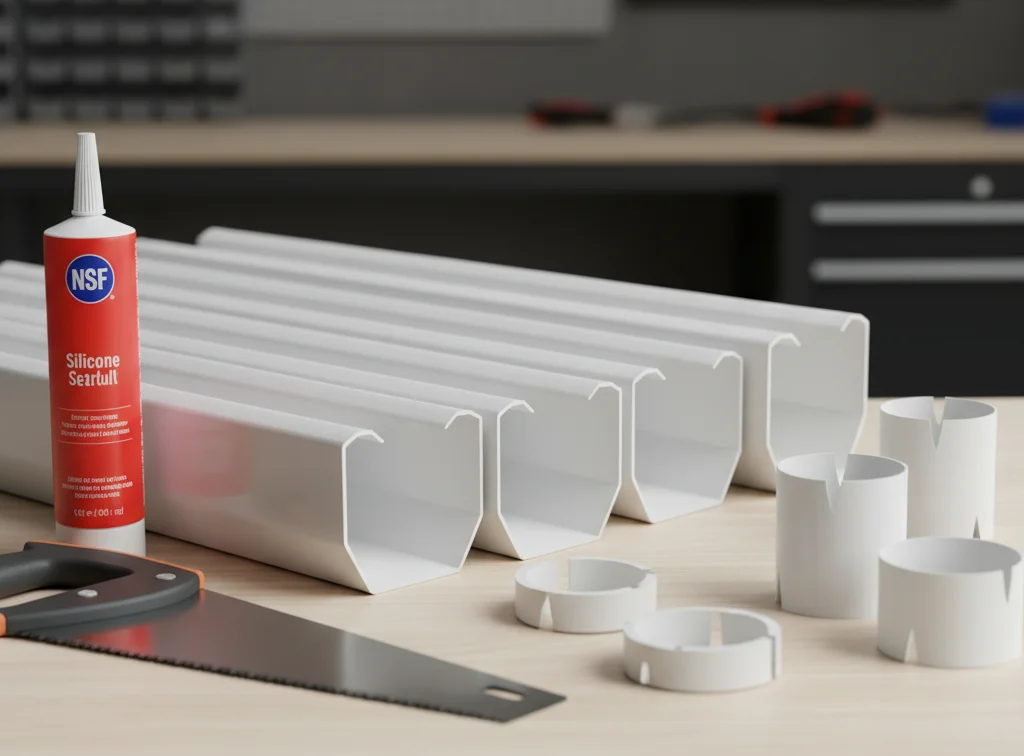 White vinyl downspout sections, NSF-certified silicone sealant, a fine-toothed saw, and custom end caps on a workbench.