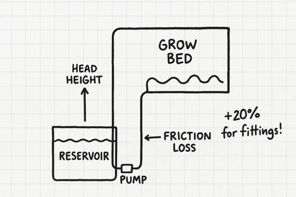 A DIY-style diagram scrawled on graph paper showing a reservoir, a pump, and tubing going up to a grow bed.