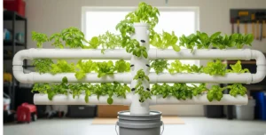 A completed DIY vertical hydroponic tower built from PVC pipe, with healthy lettuce and basil growing from net cups.