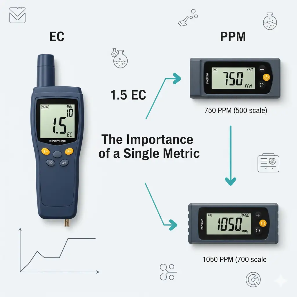 Hydroponic Nutrient Calculator: Free EC/PPM Template & Pro Mixing Guide 1 A side-by-side comparison of EC and PPM readings from hydroponic nutrients, showing the importance of using a consistent conversion scale.