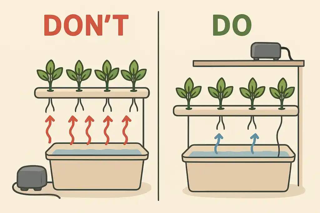 A "Do vs. Don't" image. The "Don't" shows a pump next to a reservoir with red heat arrows going into the water.
