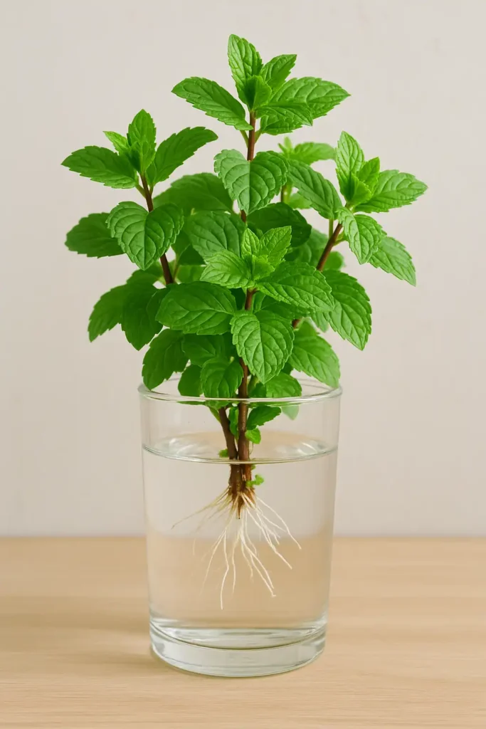Hydroponic Basil & Mint: Grow Restaurant-Quality Herbs All Year 3 A fresh mint cutting with bright green leaves and white roots growing in a clear glass of water, demonstrating the 2-week root hack propagation method.