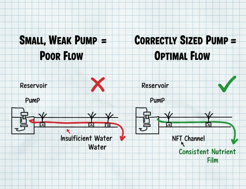 A technical diagram drawn on graph paper illustrating the importance of pump sizing in a Nutrient Film Technique (NFT) hydroponic system. 