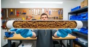 A cross-section of an NFT hydroponic channel revealing a tangled root mass, highlighting the challenge of cleaning these systems.