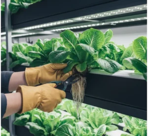 A grower trimming plant roots in an NFT hydroponic system to prevent clogs