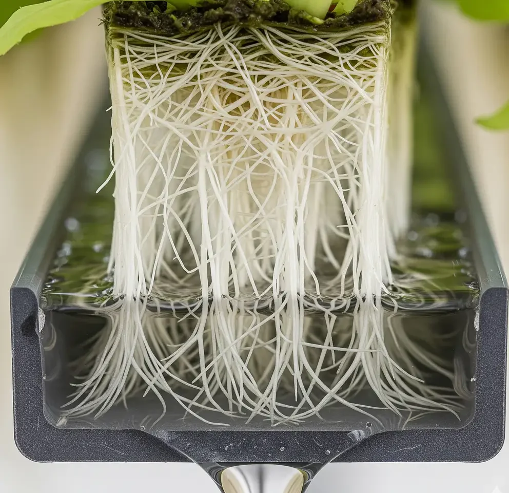 A visual representation of the ideal 1mm nutrient film thickness in an NFT hydroponic channel.