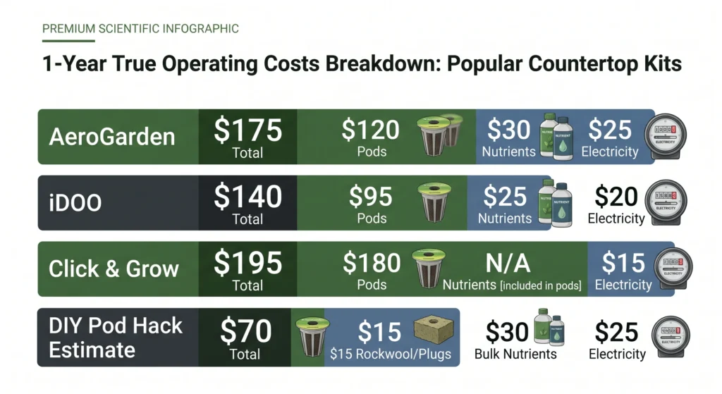 An infographic comparing the yearly operating costs of AeroGarden, iDOO, Click & Grow, and a DIY hack.