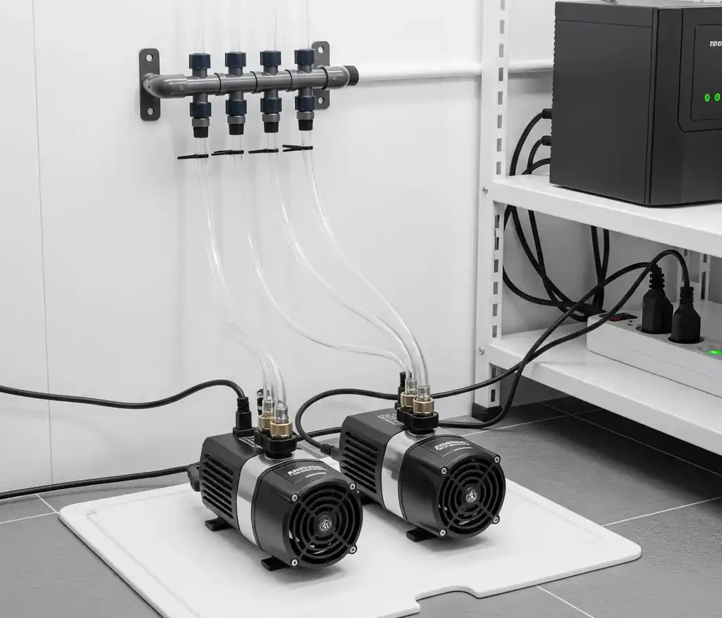 An image showing two smaller air pumps connected to a multi-bucket system