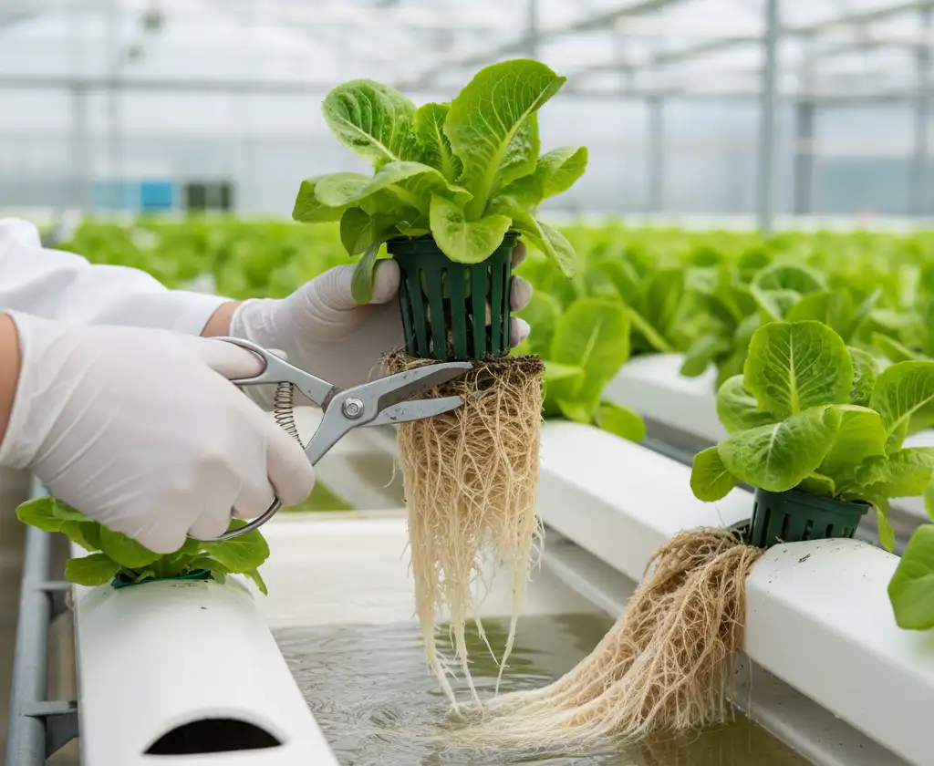 Trimming a plant’s roots in an NFT system with pruning shears