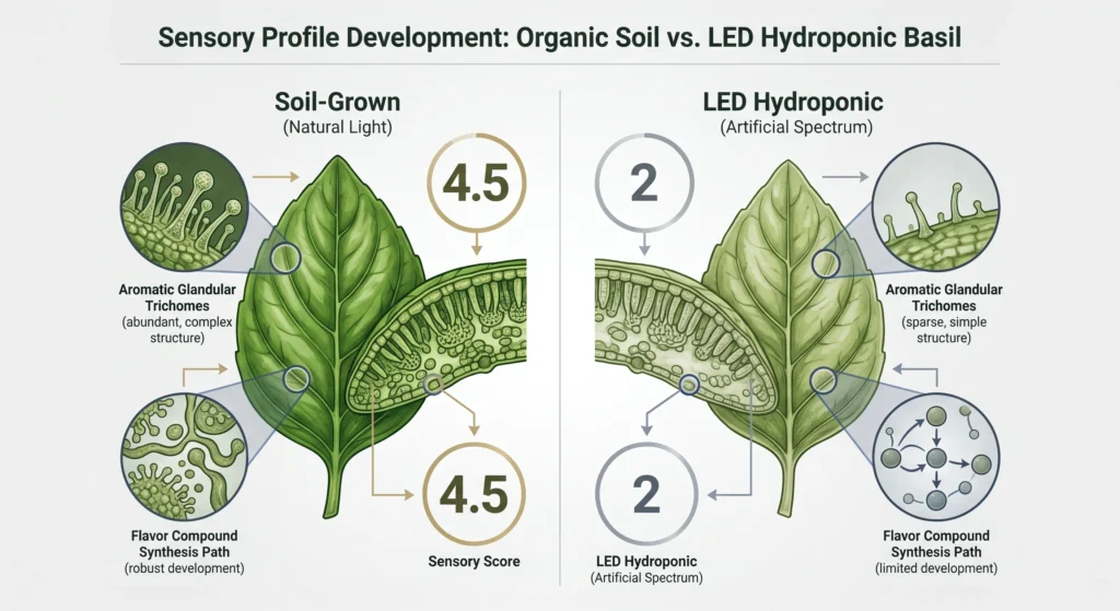 A scientific diagram showing higher compound development in soil-grown basil compared to LED hydroponic basil.