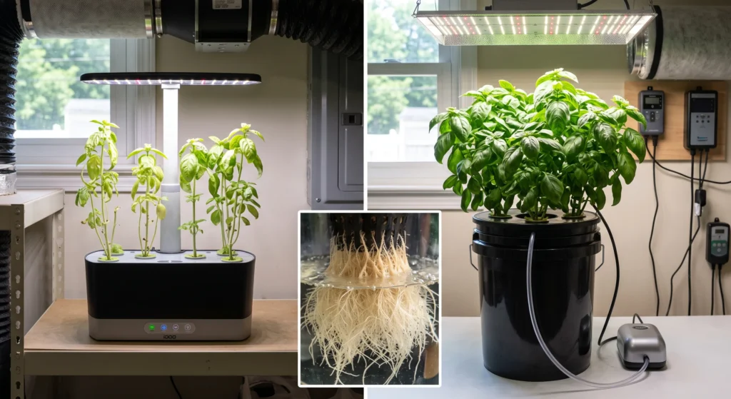 A side-by-side comparison of a struggling countertop kit basil next to a thriving DIY DWC bucket system with robust yield.