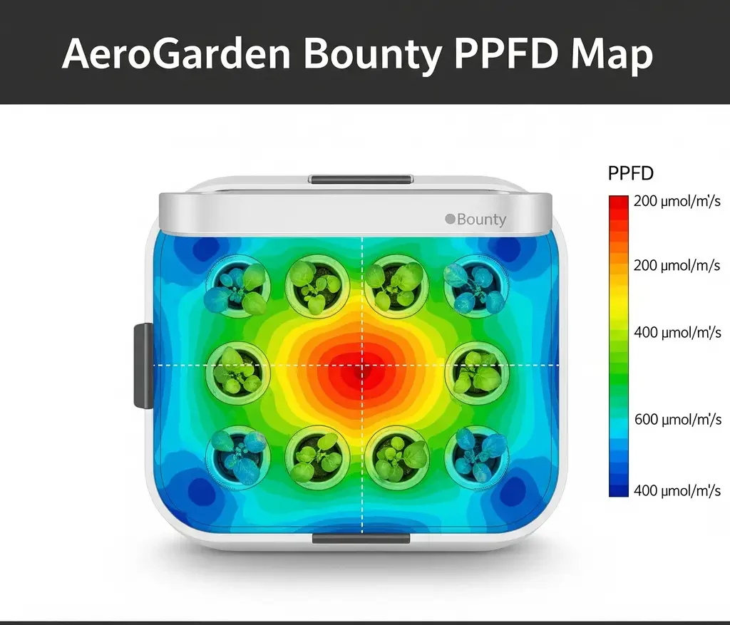 A PPFD map illustrating the light output and even coverage of the AeroGarden Bounty, showing its suitability for fruiting plants.