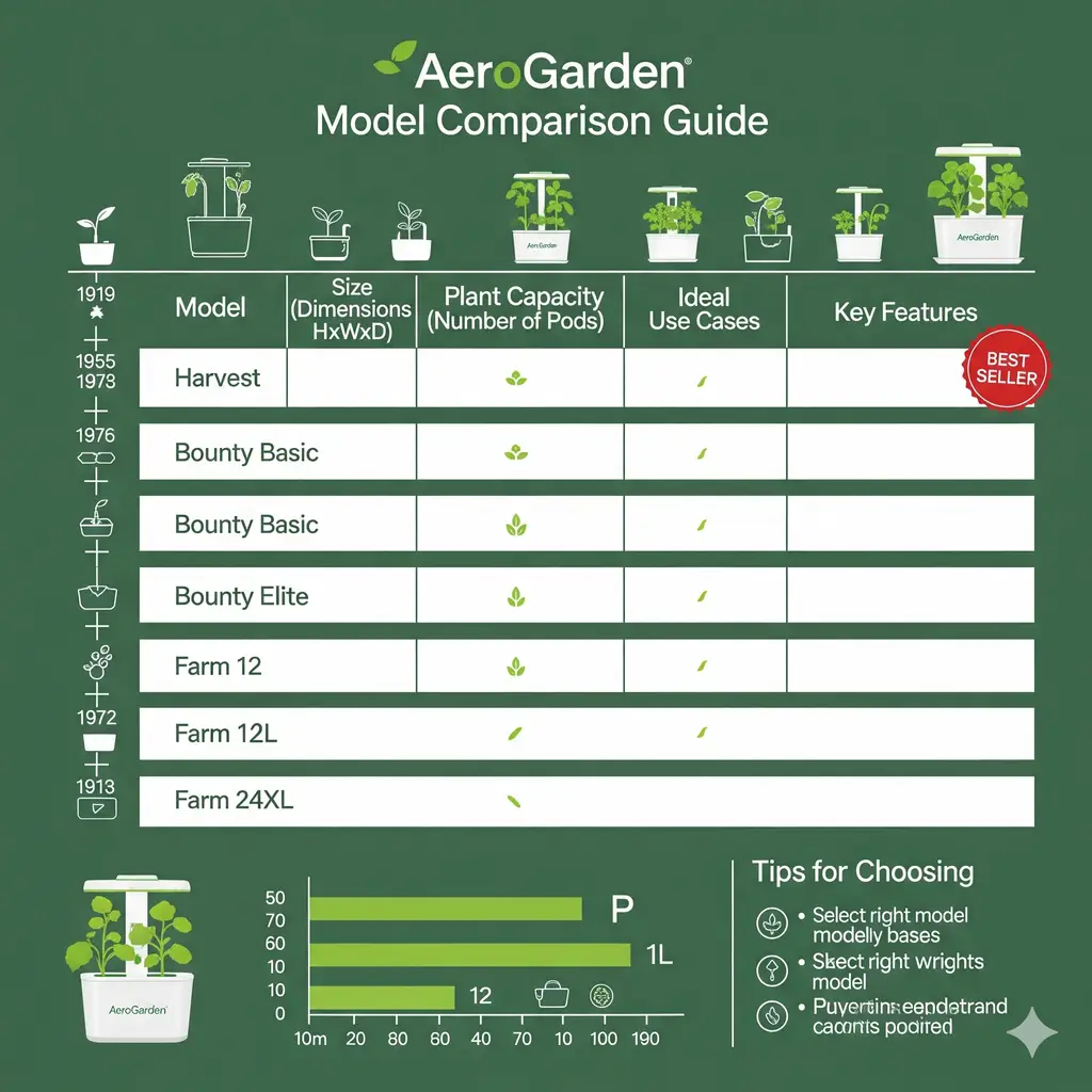 An infographic comparing key features of each AeroGarden model, including size, plant capacity, and ideal use cases.