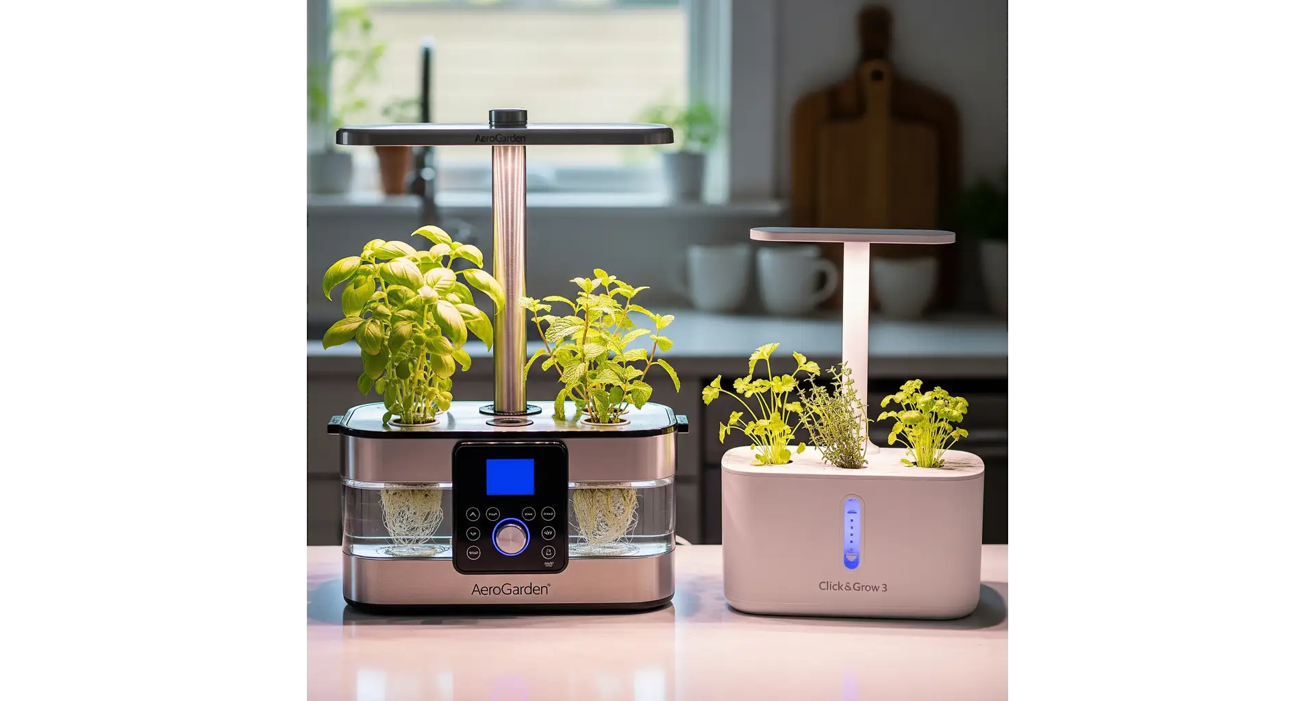 A close-up shot of an AeroGarden Harvest Elite and a Click & Grow 3 side-by-side on a kitchen counter, showing the different designs of two popular hydroponic herb garden kits.