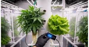 An expert guide to aeroponic nutrient management, showing a grower adjusting an EC and pH meter.