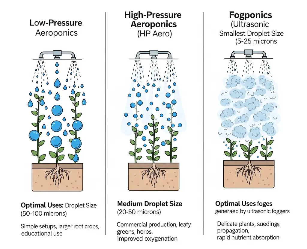 A diagram comparing Low-Pressure, High-Pressure, and Fogponic aeroponic systems, detailing their droplet size and optimal uses for indoor vertical gardens.