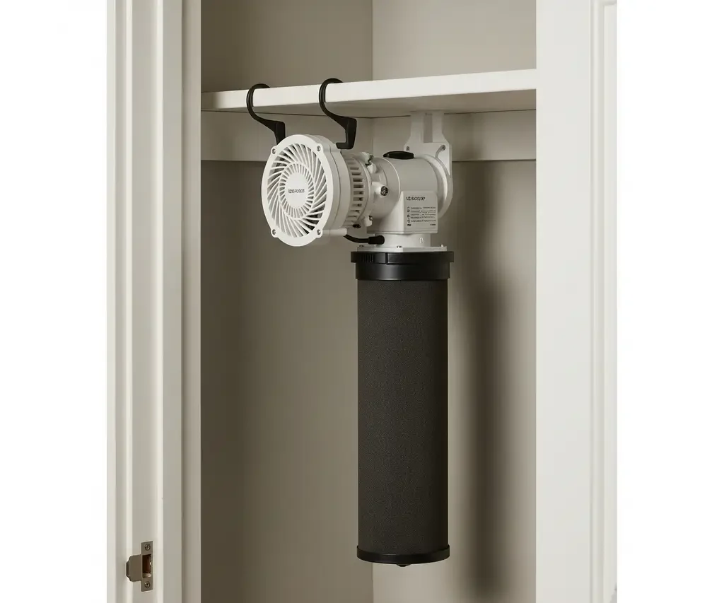 A carbon filter and fan setup inside a closet for odor control in an apartment hydroponic system.