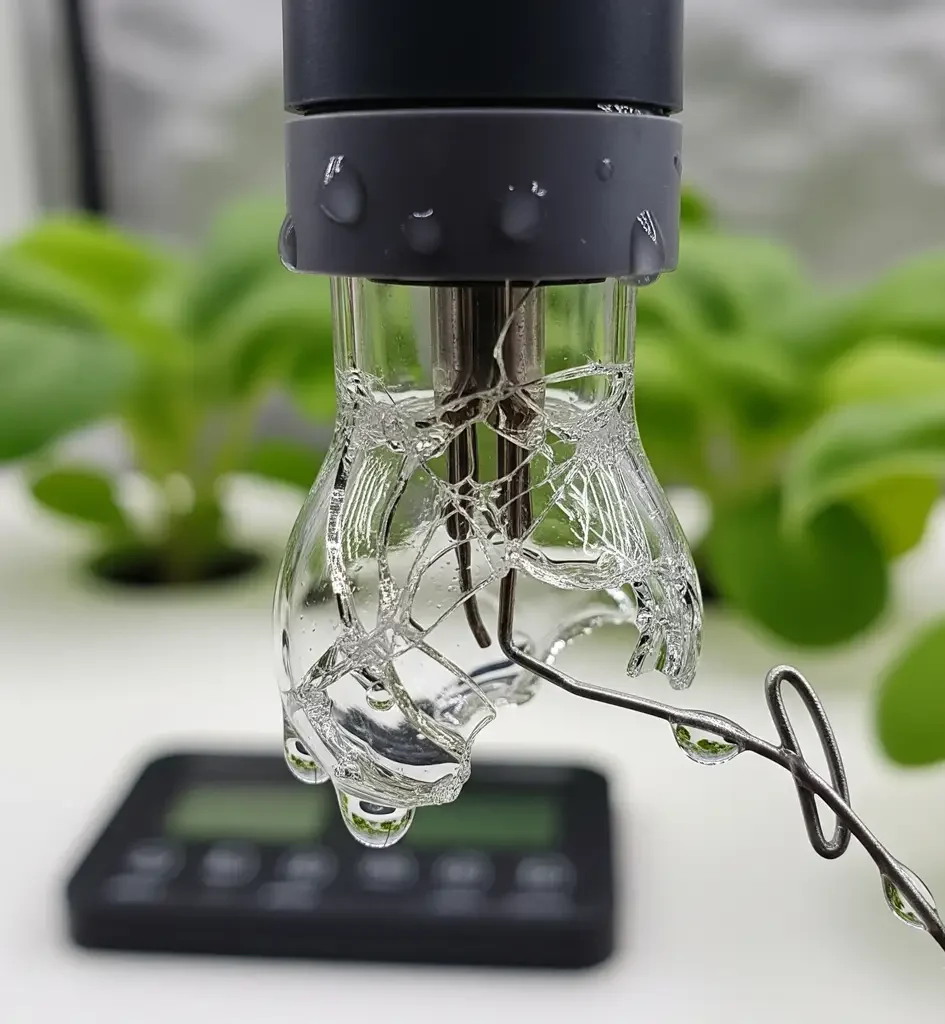A close-up shot of a broken glass bulb on a hydroponic pH probe, illustrating common physical damage that leads to sensor failure.