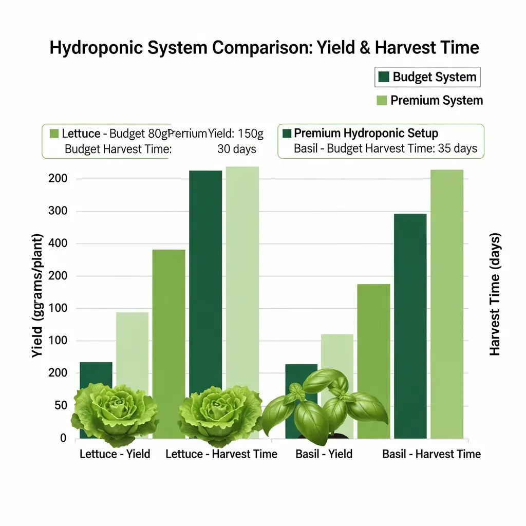 Best Hydroponic Systems for Apartments: Silent, Cool & Leak-Proof (2025 Guide) 3 A bar chart comparing the yield and harvest time of a budget hydroponic system versus a premium setup for plants like lettuce and basil.