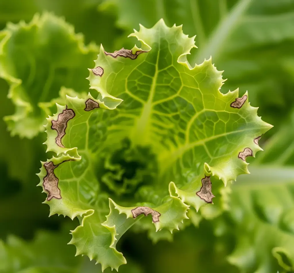 Calcium deficiency in lettuce leaves | Necrotic new growth and distorted tips