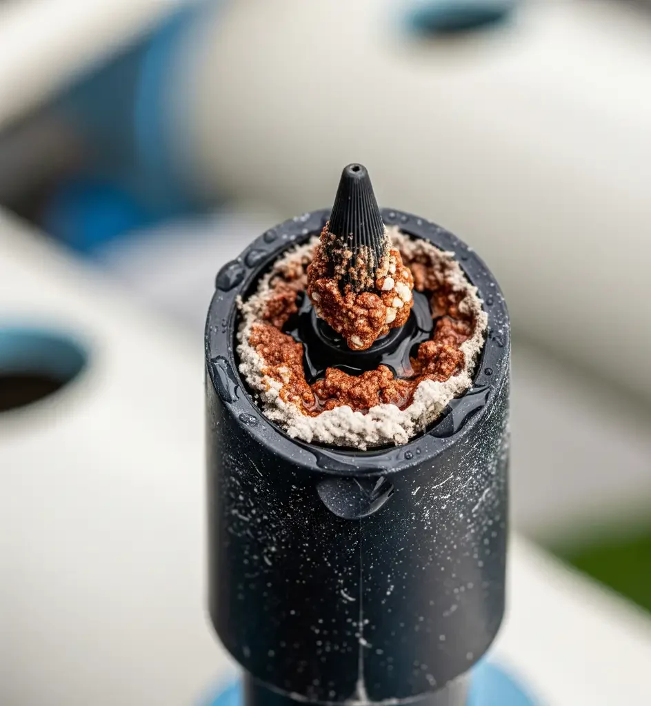 DWC vs NFT vs Aeroponics: The Ultimate Hydroponic Showdown (Yield, Cost & Risk) 3 A macro photo of a clogged aeroponic mister nozzle, illustrating a common point of failure for high-pressure aeroponic systems.