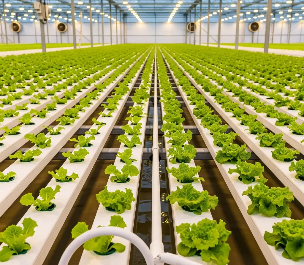 A commercial-grade Nutrient Film Technique (NFT) hydroponic channel system with rows of healthy lettuce plants.
