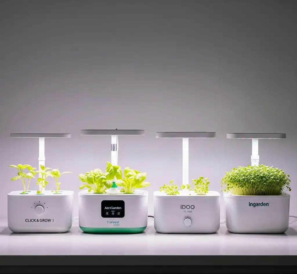 A visual comparison of countertop hydroponic systems, including the Click & Grow 3 and AeroGarden Harvest