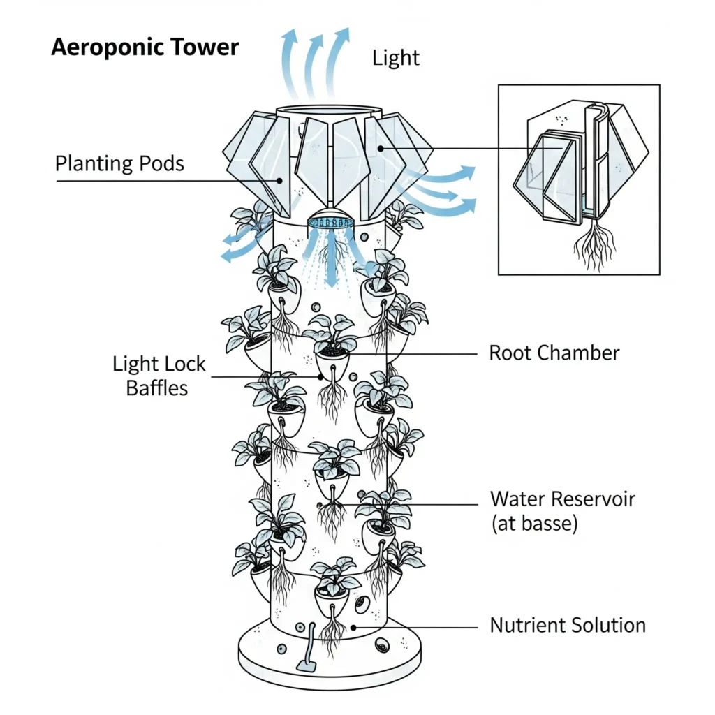 Diagram of aeroponic tower light lock