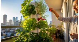 A DIY vertical hydroponic system on an urban balcony, showcasing a high-yield urban food tower.