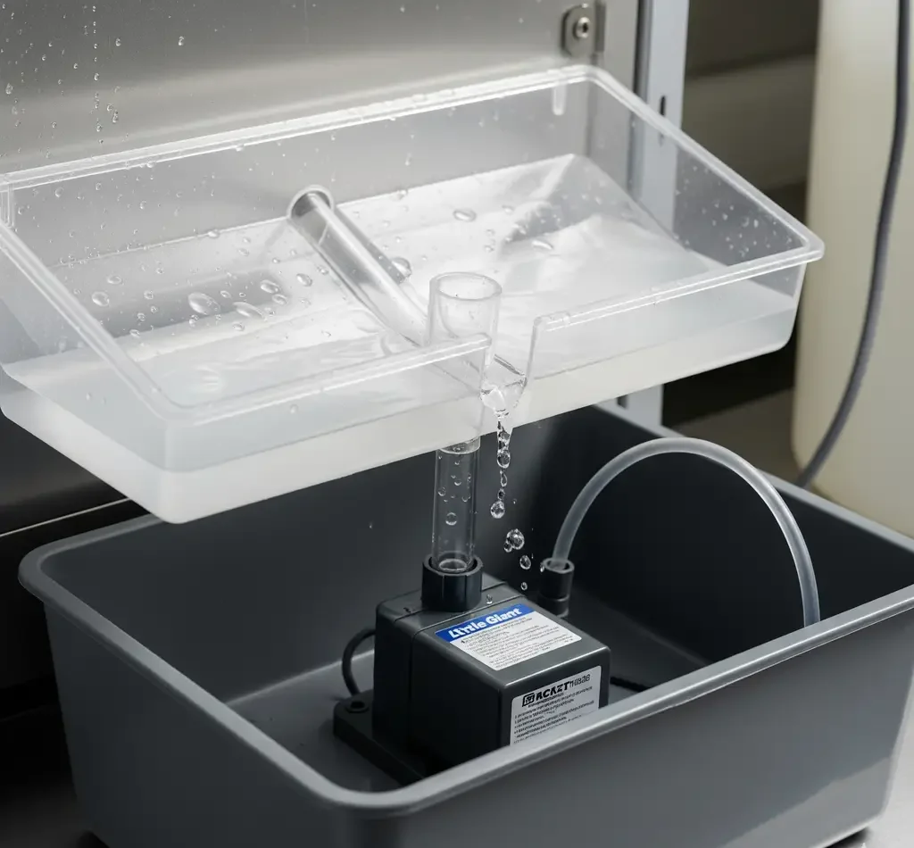 A dual catch tray system with a condensate pump for preventing water damage in a vertical hydroponic garden.