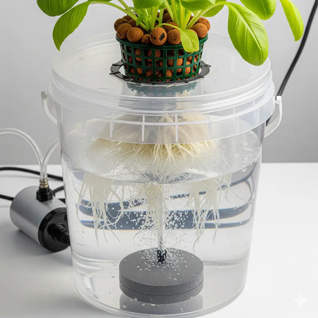 A simple, do-it-yourself Deep Water Culture (DWC) hydroponic bucket system with healthy, aerated roots.