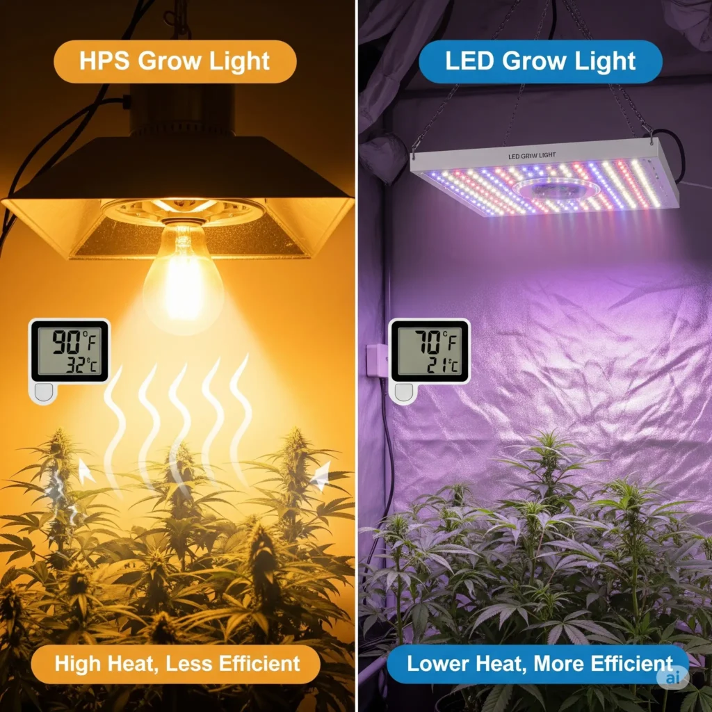  A side-by-side comparison of a traditional HPS grow light and a modern LED grow light, highlighting the difference in heat and efficiency.