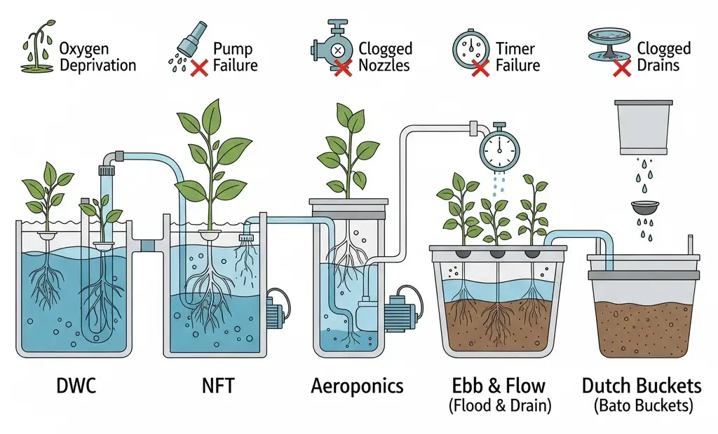 A schematic diagram comparing five different hydroponic systems and their specific vulnerabilities to root rot, including DWC and NFT.