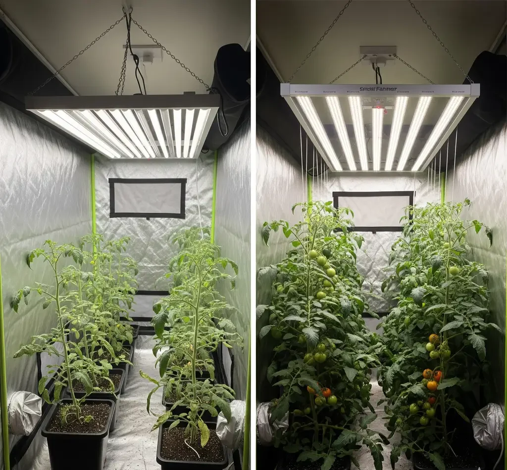 A visual comparison of plant growth and yield after a grow light upgrade from a T5 fluorescent to a Spider Farmer bar-style LED.