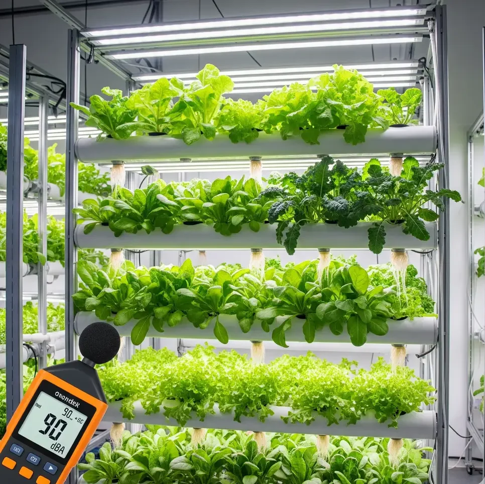 A full-rack hydroponic system with a decibel meter in the foreground, demonstrating the noise levels of high-yield setups.