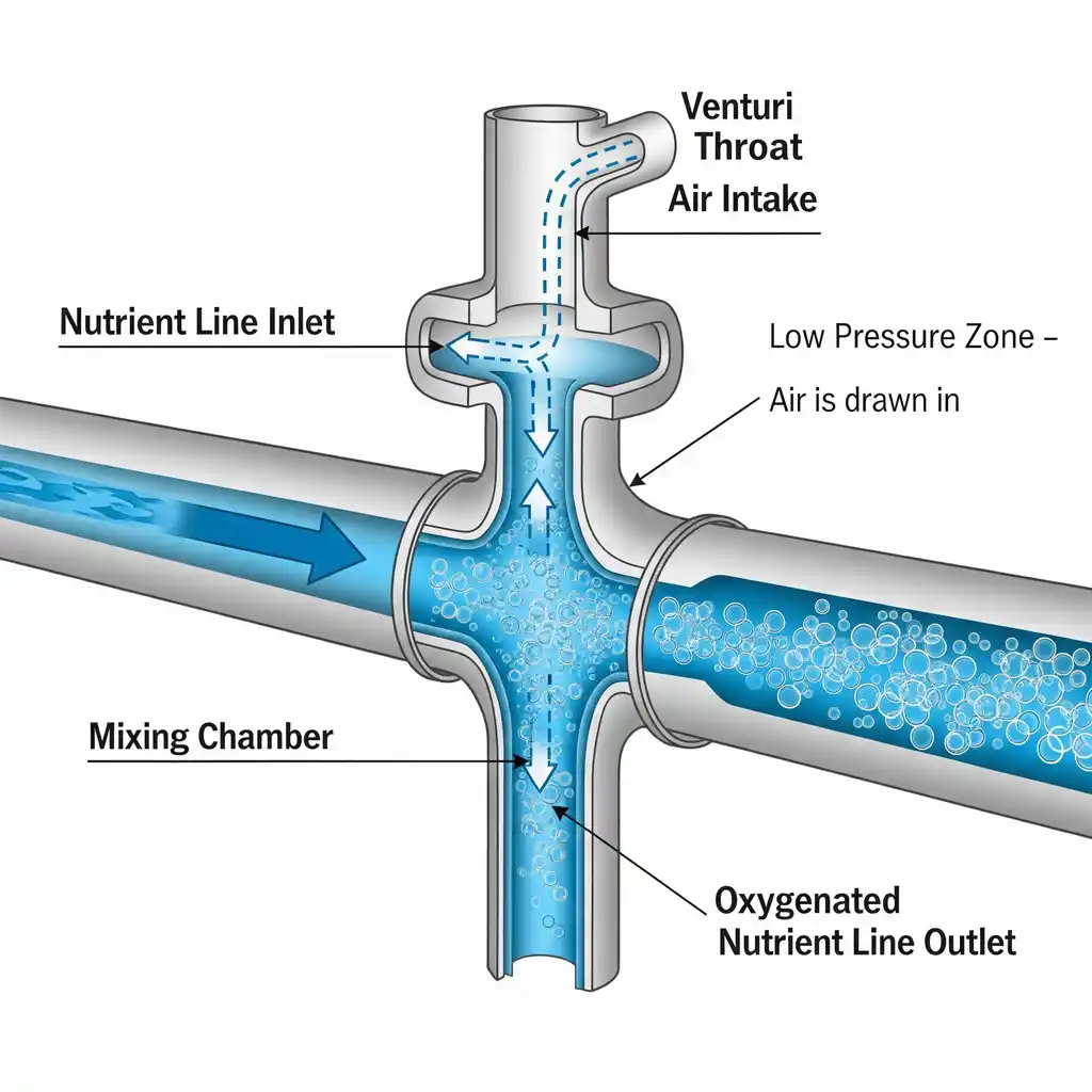 Hydroponic Leafy Greens Yield Hack: Grow 40% More in Half the Time 5 A diagram showing how a Venturi injector pulls air into a nutrient line to saturate the water with oxygen | Improving hydroponic water aeration for accelerated growth.