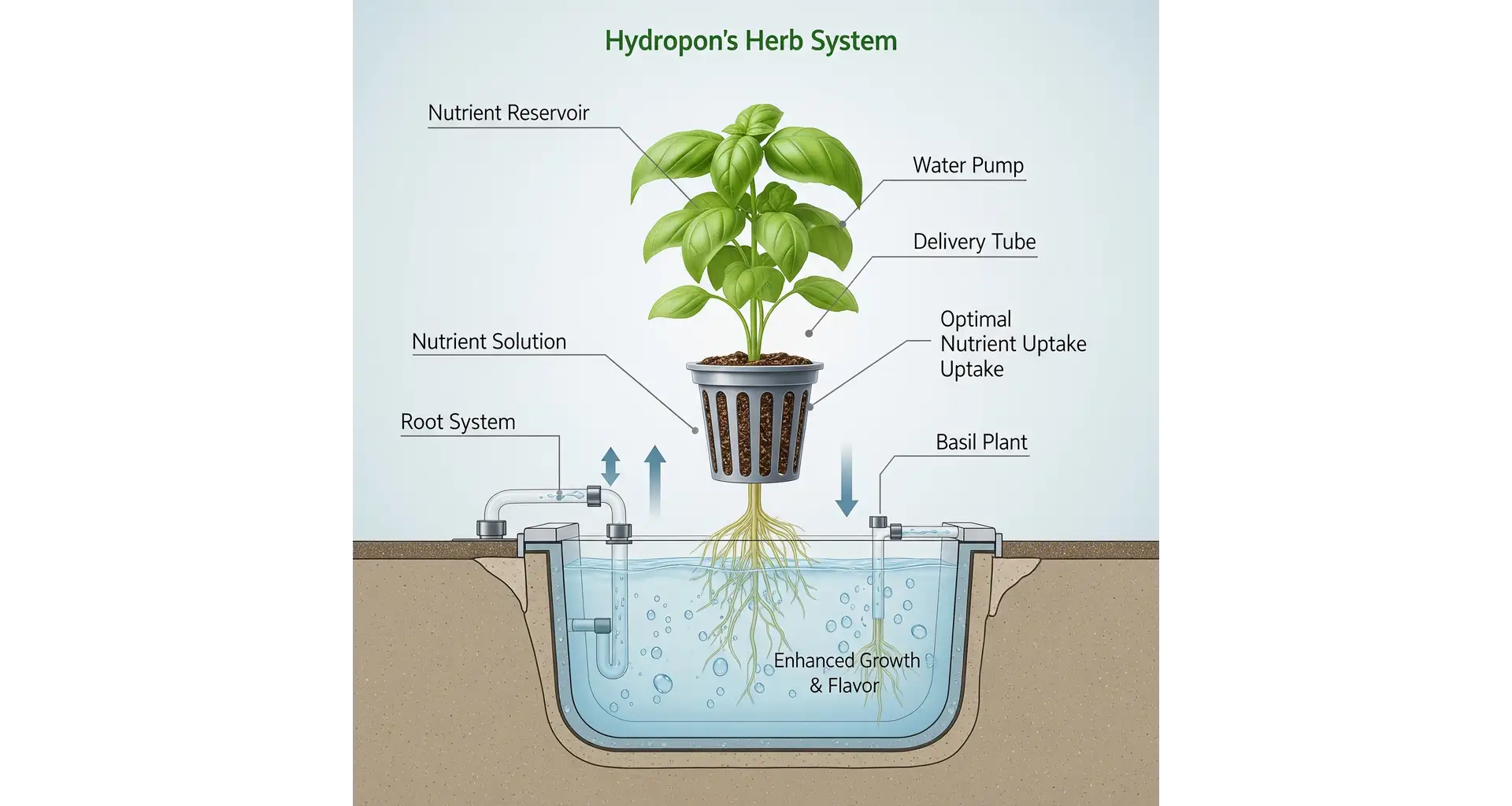 A detailed diagram showing how hydroponic herb nutrients are delivered directly to the plant's roots for optimal growth and flavor.