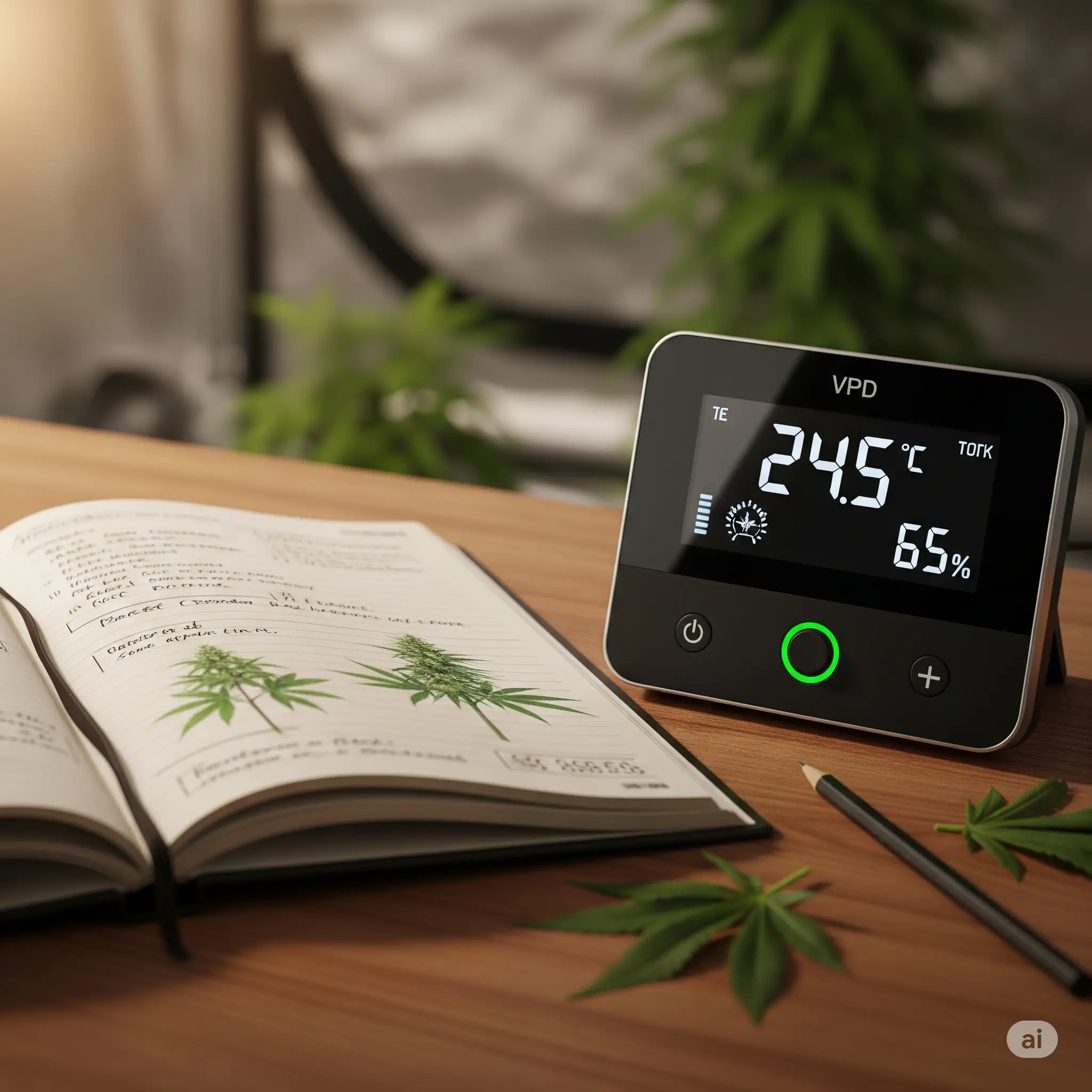 A grow journal open next to a VPD controller displaying temperature and humidity readings.