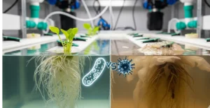 A side-by-side view showing the difference between a healthy hydroponic root system and one with a thick, slimy biofilm caused by pathogenic bacteria.