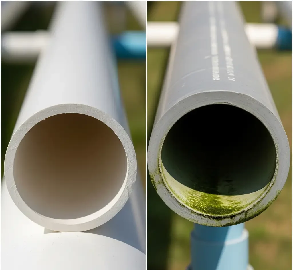A visual comparison of a food-grade UV-stabilized NFT hydroponic channel and a non-food-grade uPVC pipe with algae inside.