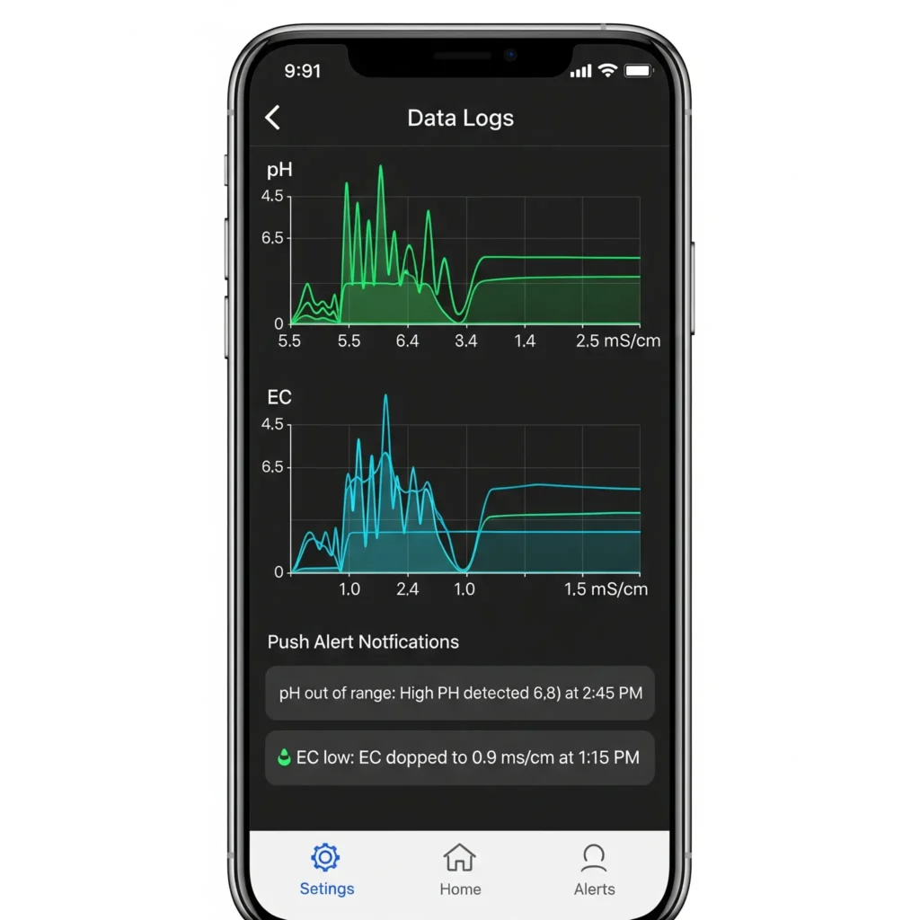 A screenshot of a hydroponic controller app displaying pH and EC data logs with push alert notifications.
