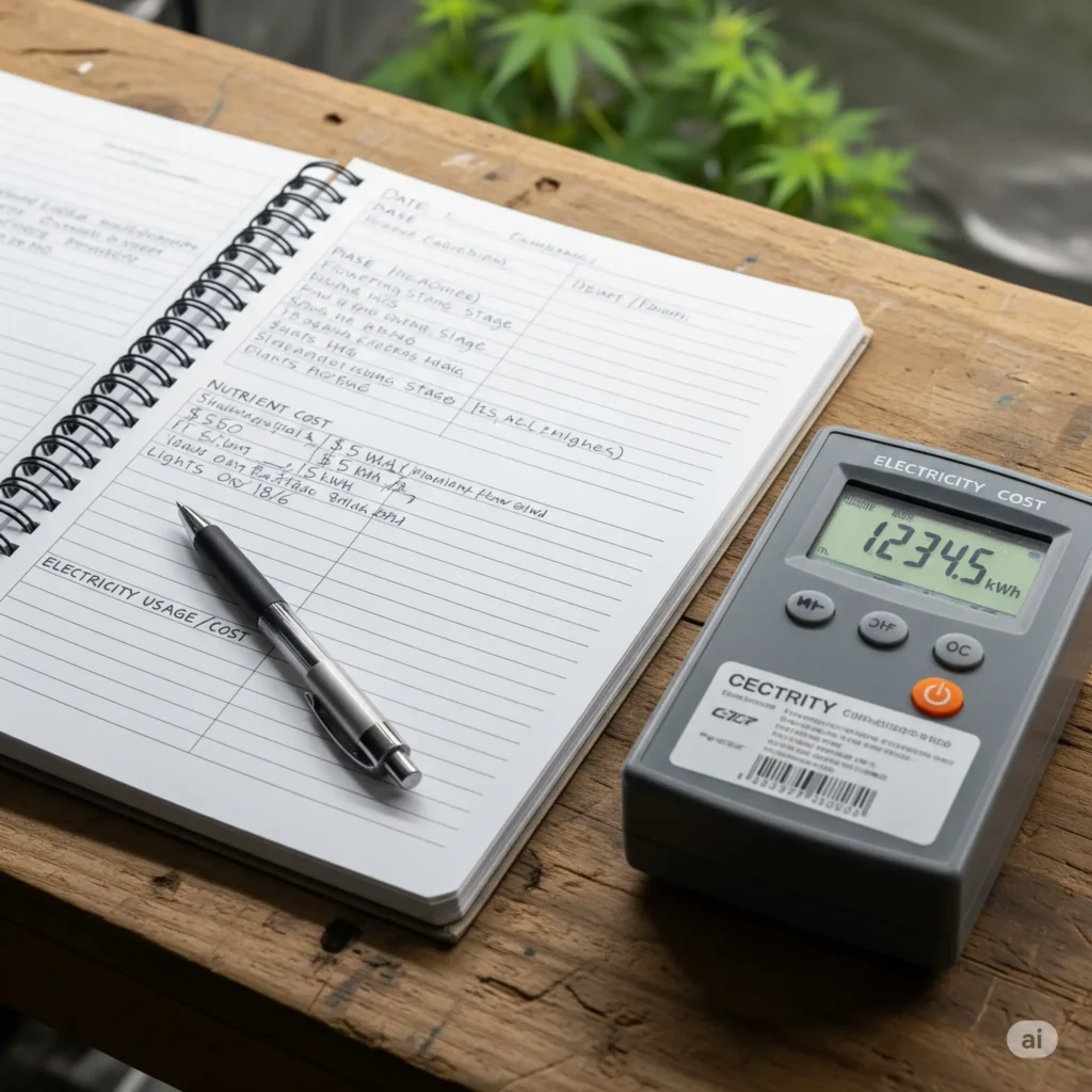 Hydroponic Grow Journal: The Template for Success 3 A a grow journal with notes on electricity and nutrient costs, next to an electricity meter.