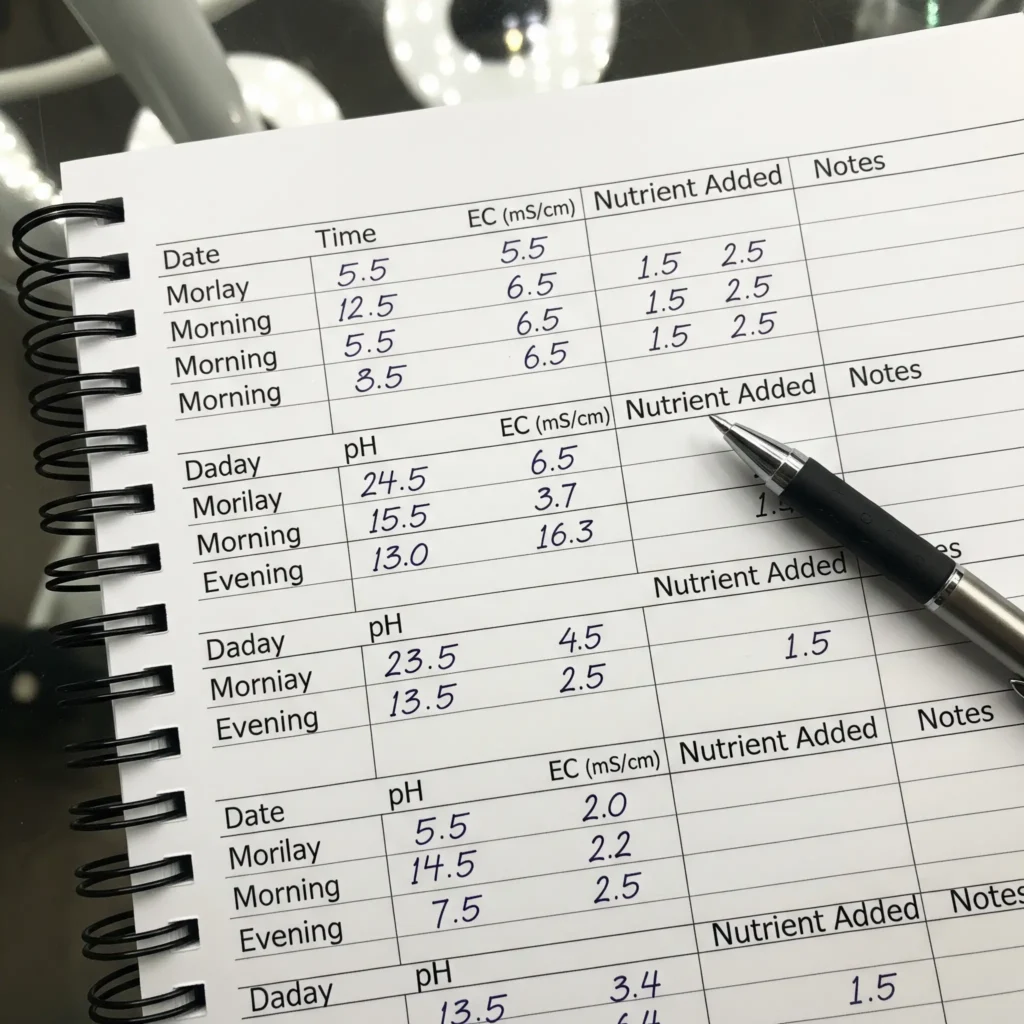 A close-up of a notebook or a log sheet showing daily pH and EC entries for a hydroponic system.