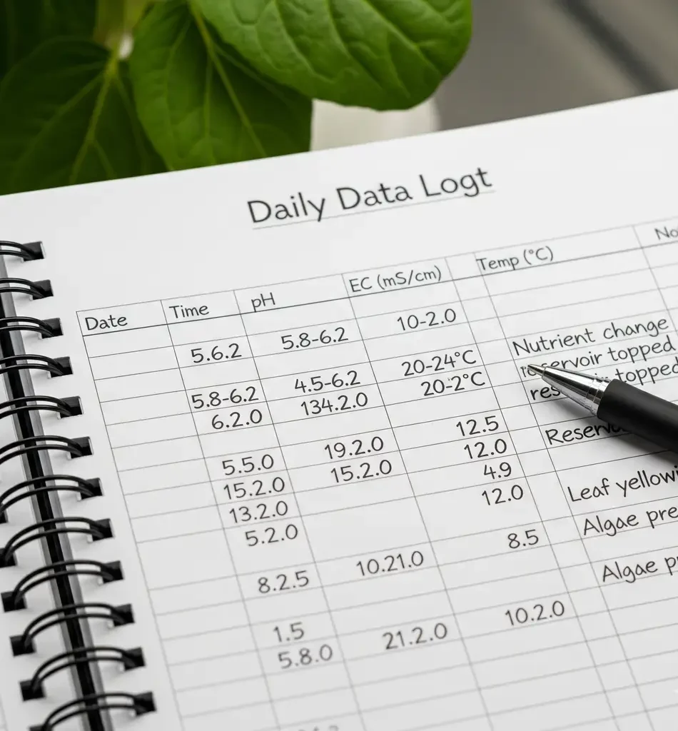 A close-up shot of a daily data log or spreadsheet showing pH, EC, temperature, and notes for a hydroponic garden.