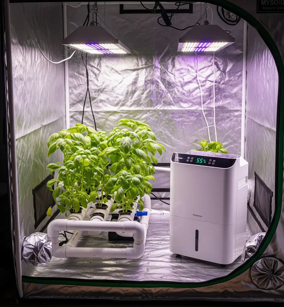 A photo of a dehumidifier placed inside a hydroponic grow tent to prevent mold and mildew from high humidity.