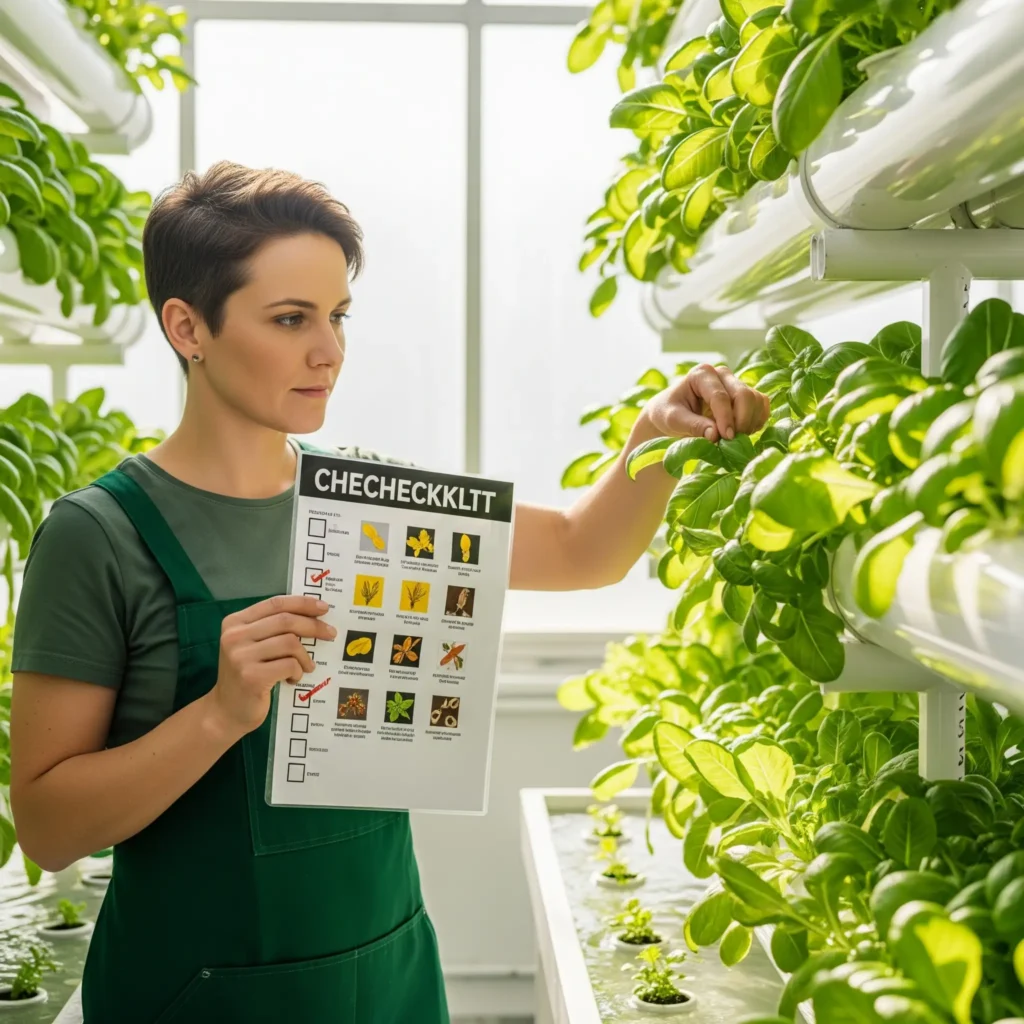 Hydroponic Troubleshooting Guide for pH, EC & Roots 1 A grower using a laminated checklist to visually inspect a hydroponic system and diagnose plant health.