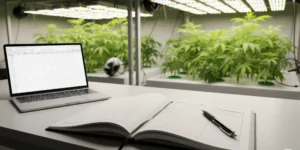 A physical grow journal template open on a workbench with a laptop showing a digital version.